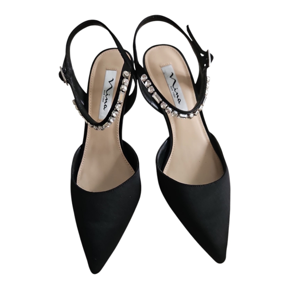 NWOB Nina Black Crepe Satin Slingbacks with Rhinestone Strap Detail; 7.5M